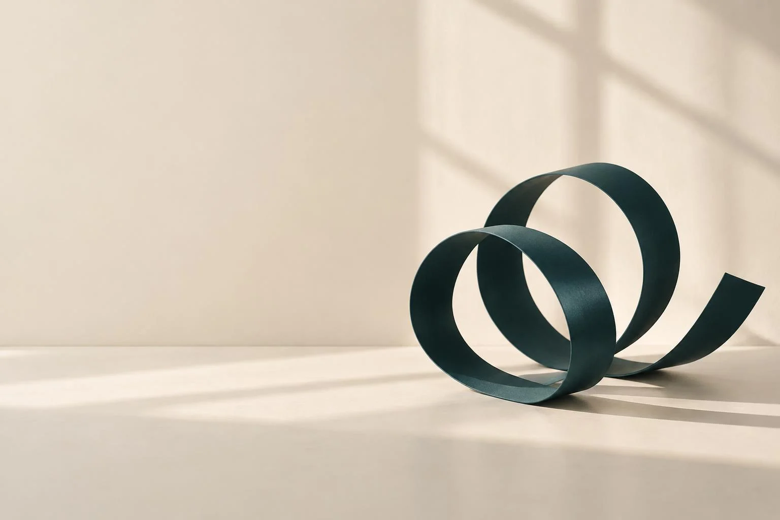 A teal ribbon circles back on itself, with one end opening into a new direction.